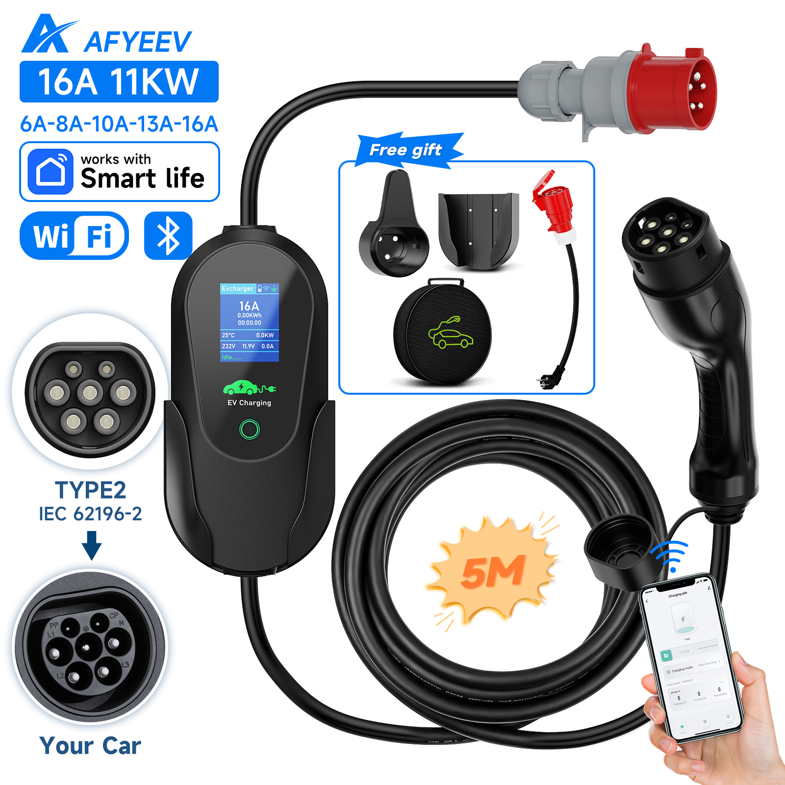 Type 2 Portable Ev Charger 11Kw Cee - AFYEEV-cargador EV portátil Type2, 11KW, 16A,
