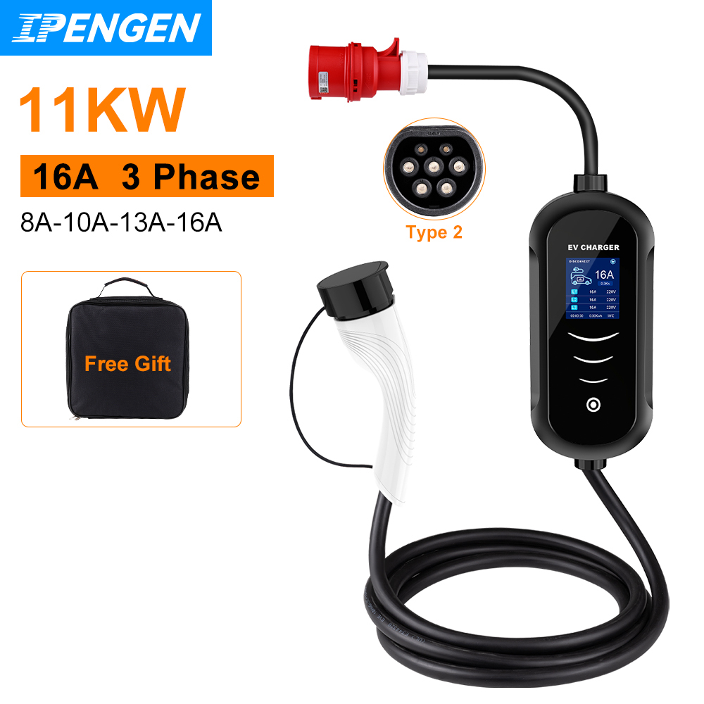 Type 2 Portable Ev Charger 11Kw Cee - IPENGEN-cargador portátil EV de 11KW, 16A,