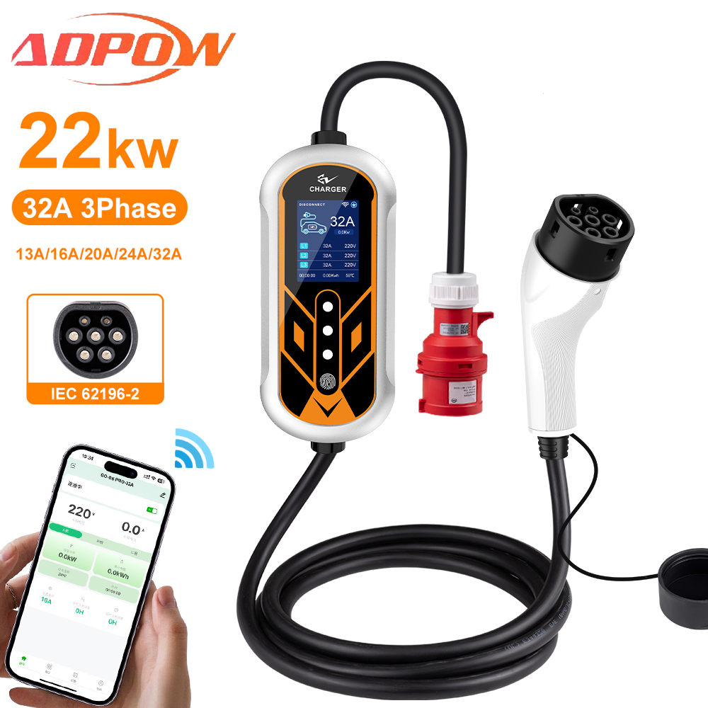 Ev Charger Type 2 22Kw 32A 3 Phase - ADPOW-cargadores portátiles 32A Type2 EV, trifásicos,